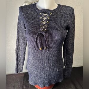 Michael Kors Navy V-Neck Sweater with Gold Accents